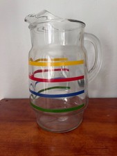 Vintage Clear Glass 4 color Striped pitcher with ice-catcher lip 9.5 high by 5 W picture