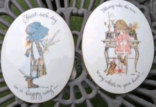 2 Pr VTG Holly Hobbie Porcelain Wall Hanging Plaques Oval adorable 1970s Japan picture