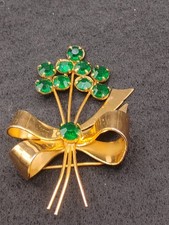 Fabulous VTG Signed Coro Sterling Brooch Beautiful Green Rhinestones picture