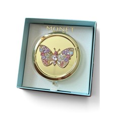New MONET Butterfly Rhinestone Gold Tone Powder Compact Mirror Crystal in Box picture