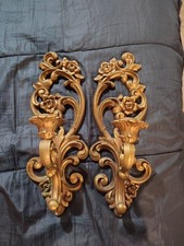 Vintage 1971 Homco #4118 Gold Wall Candle Sconces Pair Hollywood Regency picture