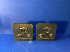 Vtg Gold Tone Brass Like  Heavy Bookends With Old Cars. Felt Backing. Set Of 2 picture