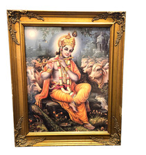 Large Framed Krishna Playing Flute Art Painting Hindu Spiritual Wall Decoration picture