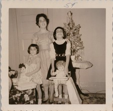 Vtg B&W Snapshot Family Mother Girls Dolls Toys Christmas Tree Christmas 1959 picture