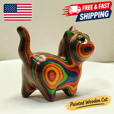 Painted Wooden Cat Figurine Small Kitten Statue Home Festival Decor picture