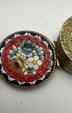 VTG Round Micro Mosaic Floral Ornate Gold Tone Italian Pill Box Hinged Lid picture