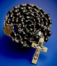 Vintage Catholic Genuine Cocoa Wood Rosary, Nickel & Ebony  Crucifix, France picture