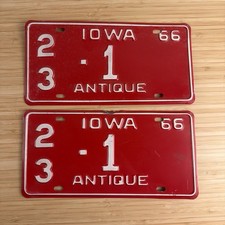 RARE PAIR OF 1966 #1 IOWA ANTIQUE LICENSE PLATES CLINTON COUNTY picture