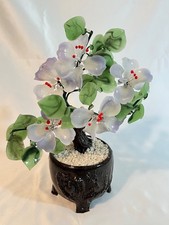 Vintage Chinese Jade Glass Bonsai Tree with Multicolor Flowers,  9
