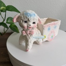 Vintage Ceramic Pink Lamb with Cart Planter picture