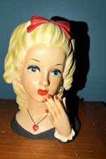 INARCO E5626 Ceramic Blonde Girl Head Vase Red Bow 1950s MCM Glossy 3D picture