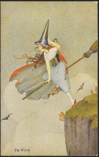 Rare Ida Outhwaite 1939 Halloween Teen Witch in Flight, Bat, Collector's Gold picture