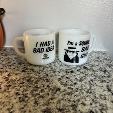 Vintage Federal Glass  SQUIBB  “Bad Guy” Milk Glass Mug – I Had a Bad Idea picture