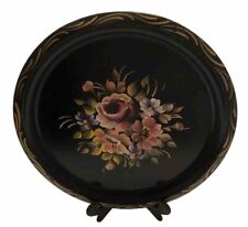 Vtg Large Hand Painted Round Toleware TOLE TRAY Floral Bouquet Black Gold ￼￼￼13” picture