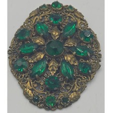 Vintage 1930s Art Deco Czech Brass Filigree Belt Buckle Emerald Green Glass picture