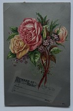 Victorian Reward of Merit Card Roses Floral Lithograph Antique Ephemera picture