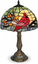 Vintage Tiffany Style Cardinal Bird Stained Glass Table Lamp 3 Color LED Light picture