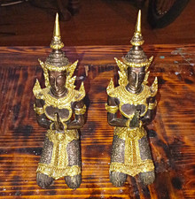 Pair of Asian Kneeling Prayer Figurines Gold Brown Metal Metallic Finish picture