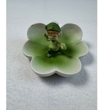Vintage Brinn's Pixie Elf Flower Trinket Dish Green Porcelain Figurine Taiwan picture