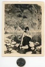 Vintage 1910's photo / Lovely Brunette Going Mad Plays in Park Stream SNAPSHOT picture