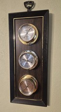 Vintage Springfield Wood Weather Station Thermometer Barometer Humidity 17”x 7” picture
