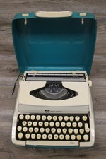 Smith Corona Cougar Deluxe teal white Typewriter Vintage Hard Case Portable picture