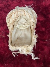 Vintage French Miniature silk-covered doll cradle on cardboard picture