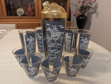 Vintage Hazel Atlas Tally Ho Cocktail Shaker Set with 5 High & 5 Lowball Glasses picture