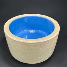 Vintage 1960s Primitive Pottery Bowl Tan Cobalt Blue Glaze Thick Heavy 5 Inch picture