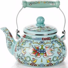 2.6 Quart Floral Enamel Tea Kettle, Vintage Enameled Teapot Stovetop, Enamel on picture