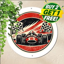 Race Track Circular Checkered Flag Tin Sign Racing Fan Man Cave Decor picture
