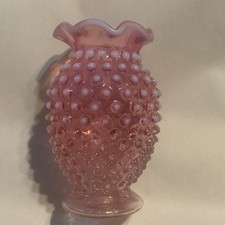 Vintage Mini Fenton Cranberry Opalescent Hobnail Glass Vase Ruffled Rim 3.75” picture