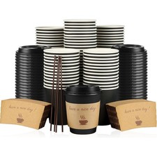 Clawsoff 100 Pack 10 oz Disposable Paper Coffee Cups with Lids(Black) picture