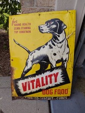 c.1950s Original Vintage Vitality Dog Food Sign Metal Embossed Kibble Bisquit  picture