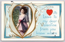 With Love to My Dear Valentine Woman Heart Frame Greeting Postcard c1910s picture