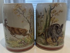 Vintage Lot Of 2 Werner Corzelius German Stoneware Beer Steins Elk/Boar picture