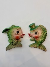 Vintage Chalkware Wall Plaques Kissing Fish 1968 Miller Studio Set Of 2 Metallic picture