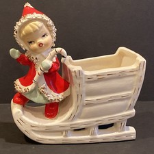 Vtg Ceramic Christmas Girl Candy Cane Sleigh Japan Spaghetti 1950’s Mid Century picture