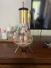 Vintage MCM Fred Press Corning Gold Leaves Glass Coffee Carafe Pot Brass Stand picture