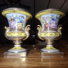 Antique Pair Paris Porcelain Hand Painted Flower Gilded Vase Urn Made in France picture