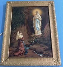 ~FRAMED VINTAGE OUR LADY OF LOURDES TIN PRINT 29” ~ picture