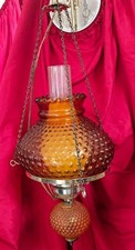 Vintage 1970s Mid-Century Amber Hobnail Glass Hanging Swag Lamp Hurricane style picture