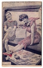 Just Posing for a Photo Man Women Period Bathing Suits Humor UDB c1900s Postcard picture