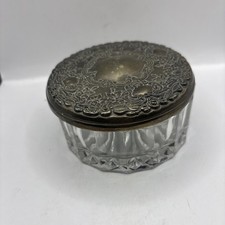 VINTAGE KIG PRESSED GLASS POWDER/TRINKET JAR w/ORNATE EMBOSSED SILVER-PLATED LID picture