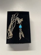 Navajo Handcrafts Sterling Silver Turquoise Eagle Pendant Necklace Running Bear picture