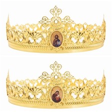 Orthodox Christian Wedding Crowns: (#3) Set of 2 Gold Finish w/ Oval Icons -NEW picture