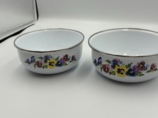 Vintage GMI enamelware Metal Bowls Set Of 2 Pansy Floral picture