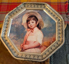 Vintage Double Sided Octagonal Portrait Tin Child Girl dof Ornate Gold 12