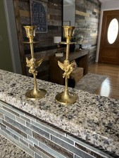 Vintage Pair Brass Cherub Angel Candlesticks Made in India Musical Putti 7.75” picture