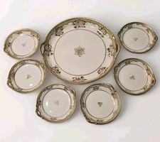 Antique Nippon Moriage Plate Set 7pc Hand Painted Pink Roses Gold Encrusted 1911 picture